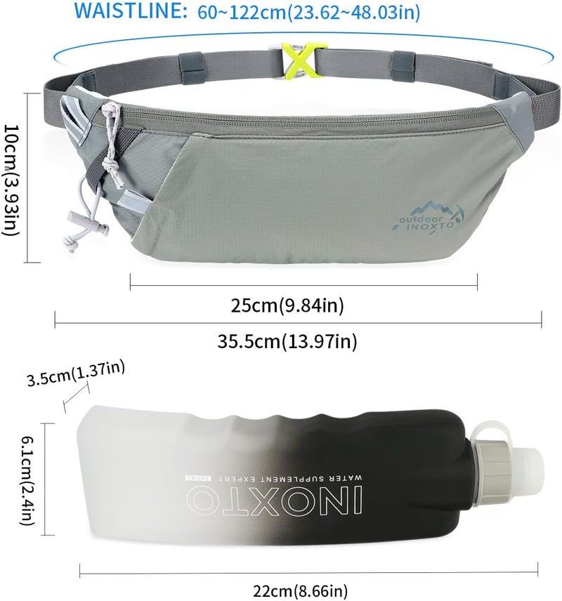 INOXTO Slim Running Belt Fanny Pack for Women and Men Sports Waist Bag Pack with 300ml Water Bottle for Running Walking Cycling Hiking Reflective Running Pouch Belt for All Phones (Black) (Gray) - Image 3